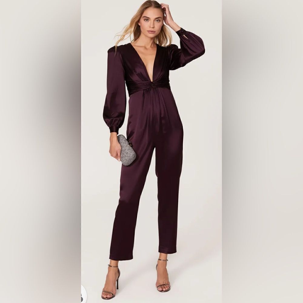 leena for Mac Duggal Plum V-neck Jumpsuit Size 10